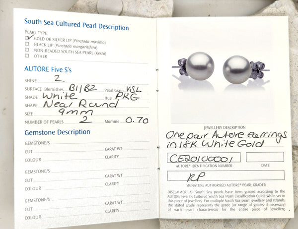 Autore 18ct White Gold 9mm South Sea pearl studs