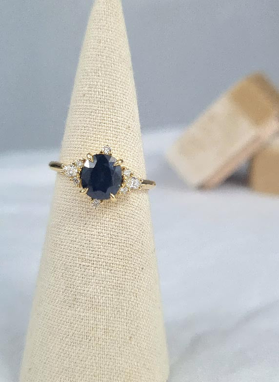 9ct Yellow Gold 2.21 carat Sapphire & 0.19ct Diamond Ring.