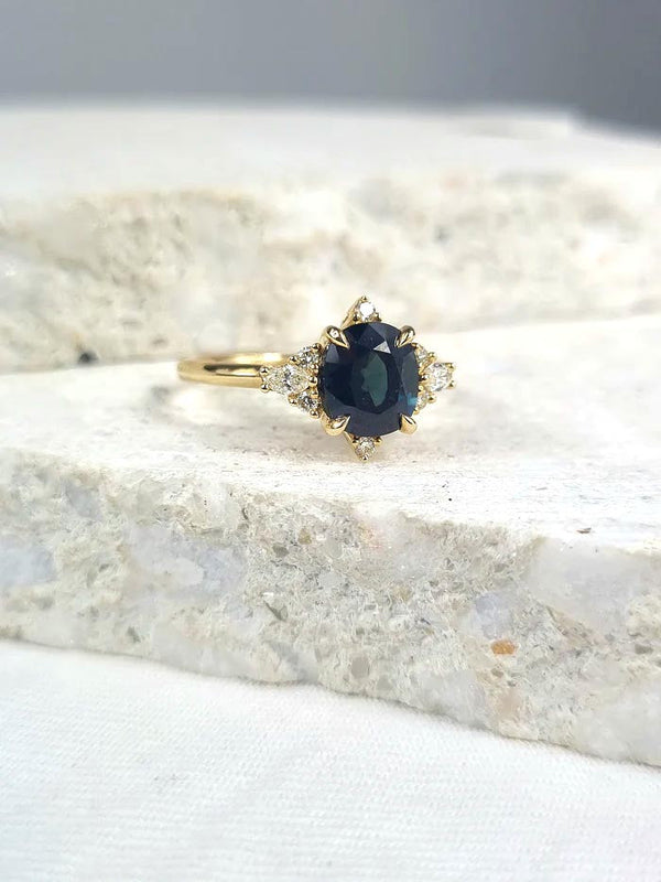 9ct Yellow Gold 2.21 carat Sapphire & 0.19ct Diamond Ring.