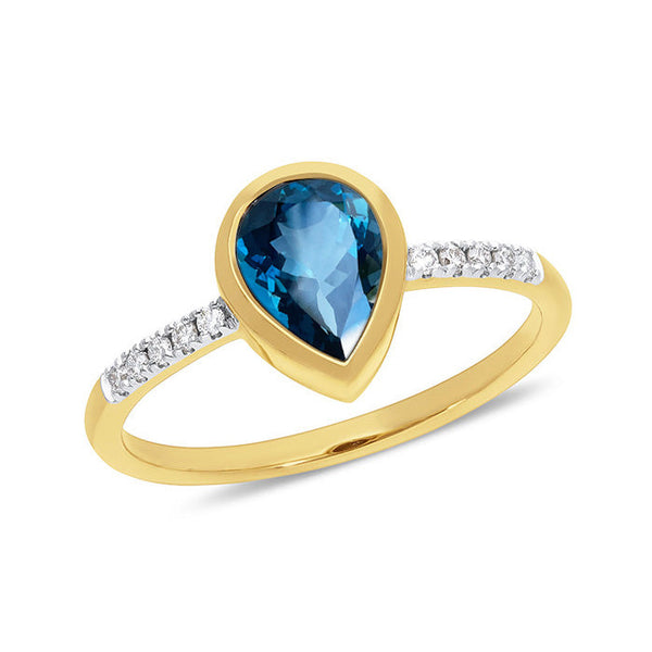 9ct Yellow Gold London Blue Topaz and Diamond Ring