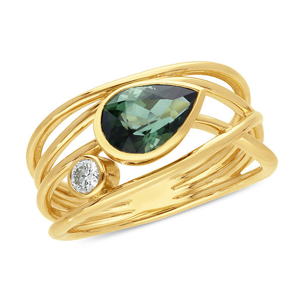 9ct Yellow Gold Green Tourmaline and Diamond Multi Wire Ring, 1.20ct Centre