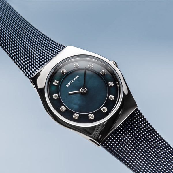 Bering Classic Polished Silver Navy Blue Mesh Watch