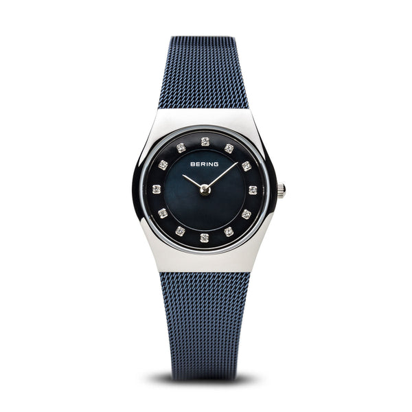 Bering Classic Polished Silver Navy Blue Mesh Watch