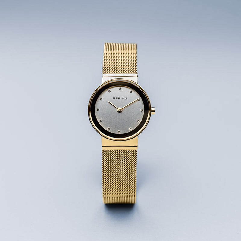 Bering Classic Polished Gold Mesh Swarovski Watch