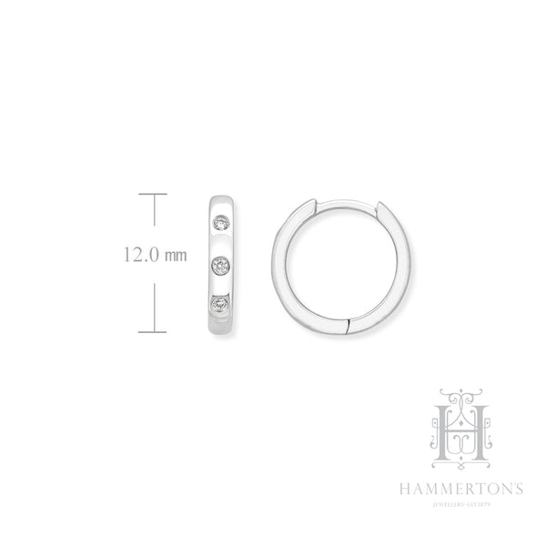 9ct White Gold 0.05Ct Diamond Hammer Set Huggie Earrings