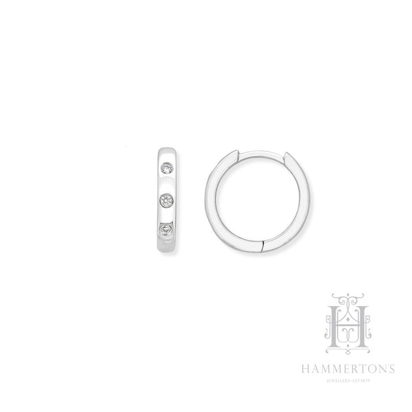 9ct White Gold 0.05Ct Diamond Hammer Set Huggie Earrings