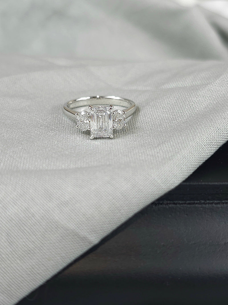18ct White Gold Lab-Grown Emerald & Oval Trilogy Diamond Engagement Ring, 2.08ct total