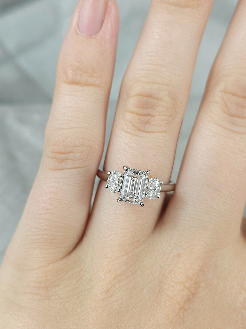 18ct White Gold Lab-Grown Emerald & Oval Trilogy Engagement Ring, 2.08ct total