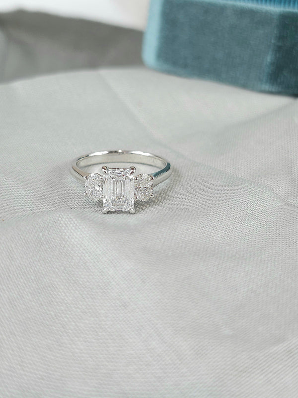 18ct White Gold Lab-Grown Emerald & Oval Trilogy Engagement Ring, 2.08ct total