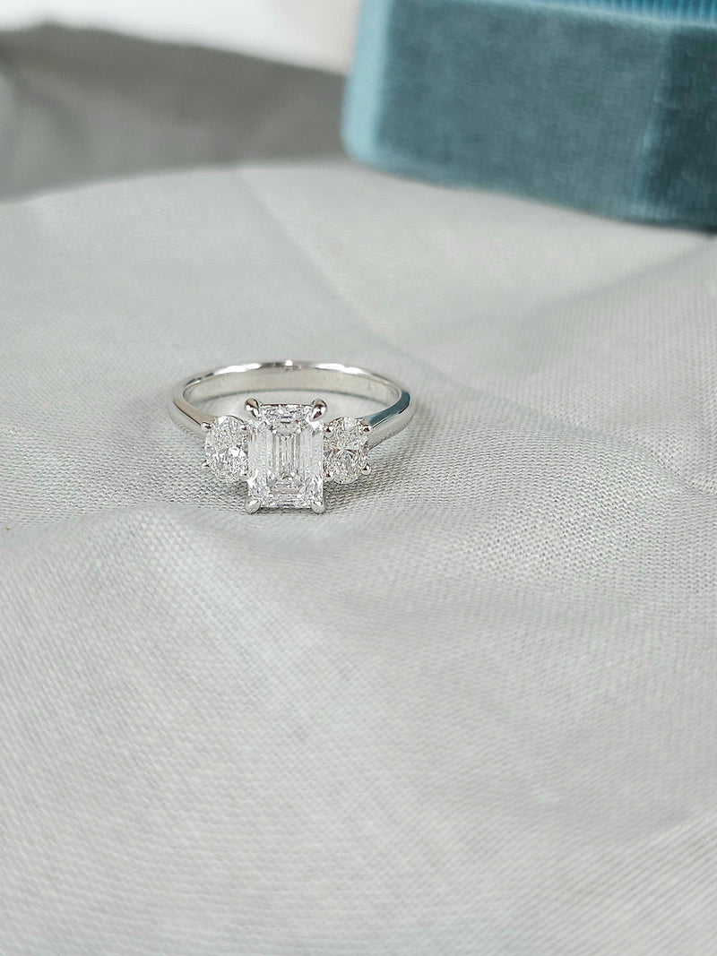 18ct White Gold Lab-Grown Emerald & Oval Trilogy Engagement Ring, 2.08ct total