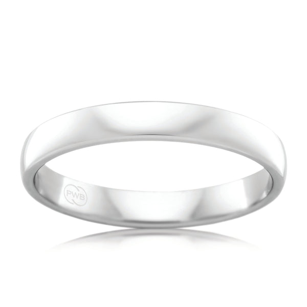 18ct White Gold 3mm Barrel Profile wedding band, polished finish, size M