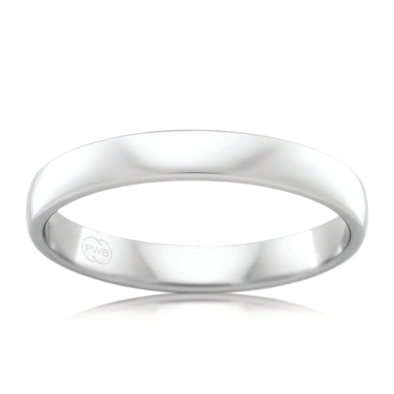 18ct White Gold 3mm Barrel Profile wedding band, polished finish, size M