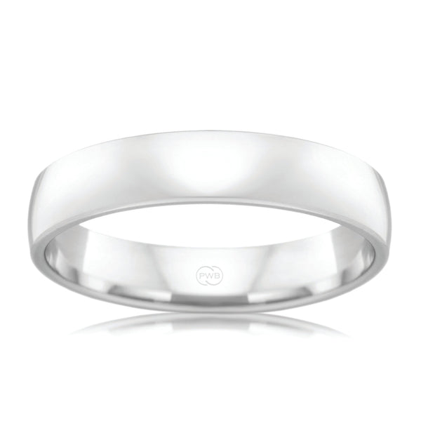 18ct White Gold 4mm Barrel Profile wedding band, polished finish, size N