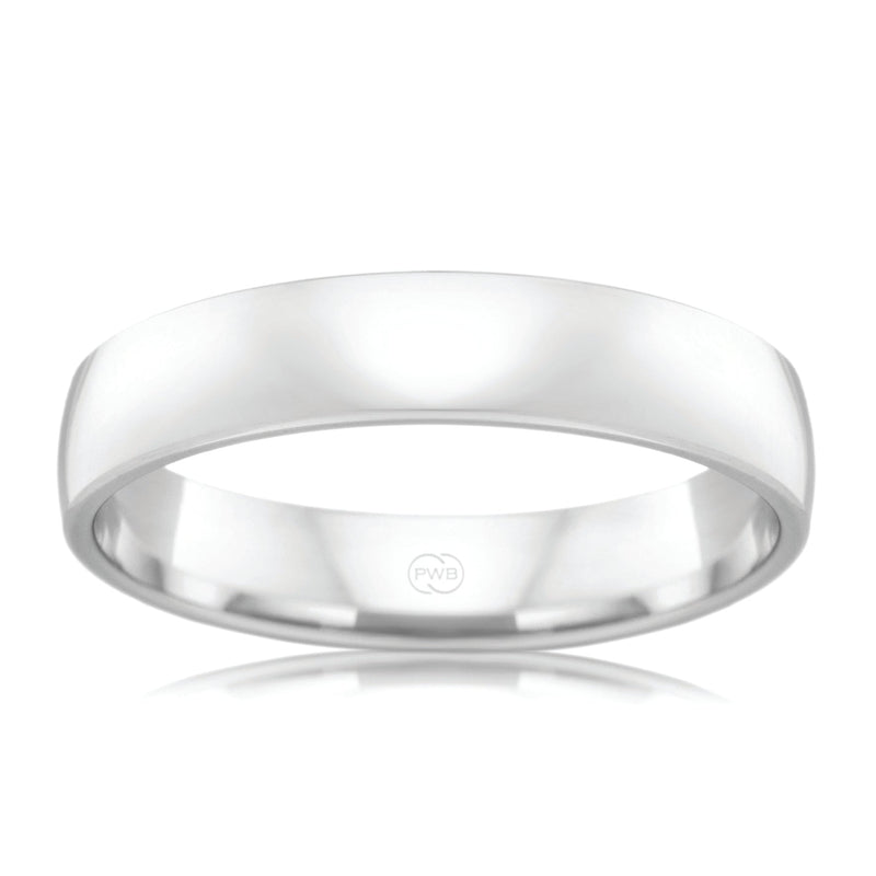 18ct White Gold 4mm Barrel Profile wedding band, polished finish, size N