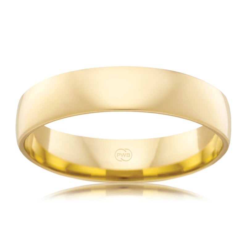9ct Yellow Gold 5mm Barrel Wedding band, polished finish, size V