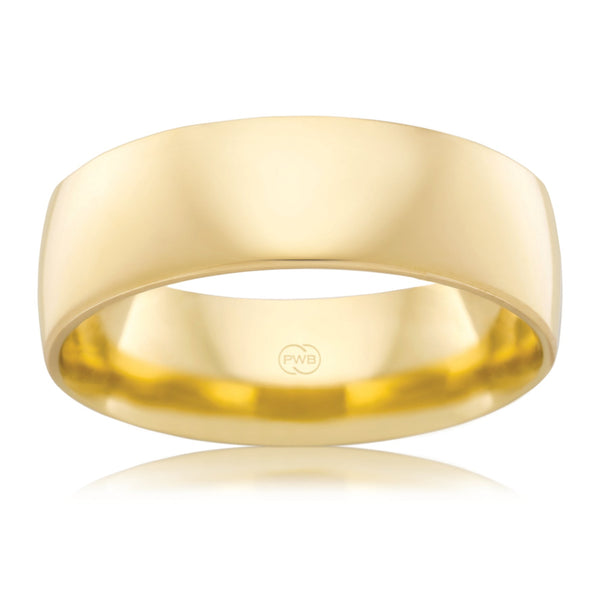 9ct Yellow Gold 7mm Barrel Wedding Band, polished finish, size W