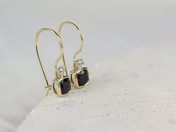 9ct Yellow Gold Sapphire and Diamond Shepard Hook Earrings