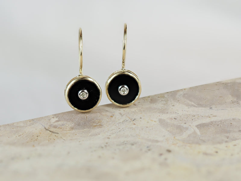 9ct Yellow Gold Onyx and Diamond Shepard Hook Earrings