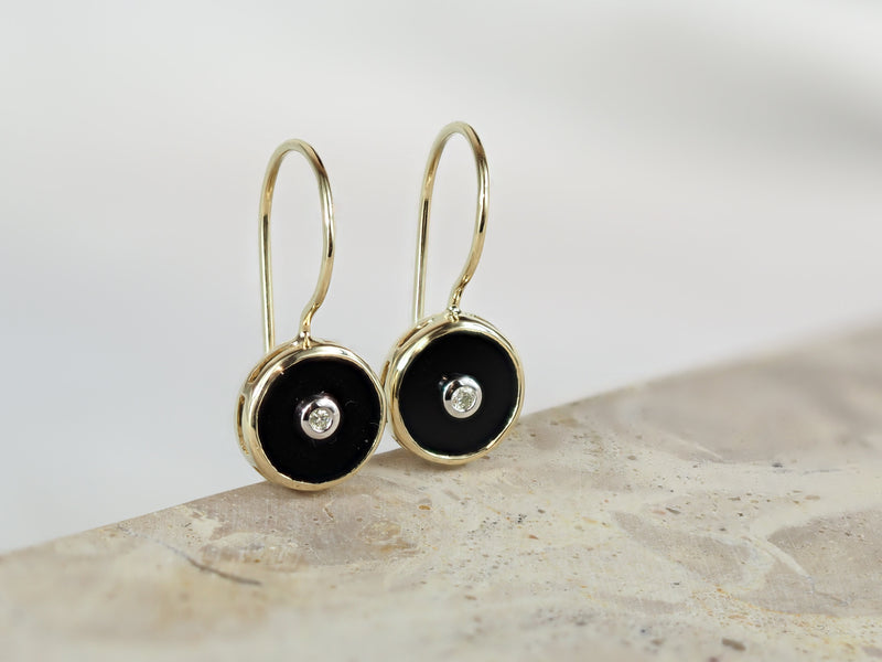 9ct Yellow Gold Onyx and Diamond Shepard Hook Earrings