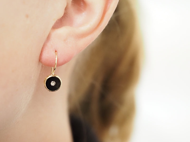 9ct Yellow Gold Onyx and Diamond Shepard Hook Earrings