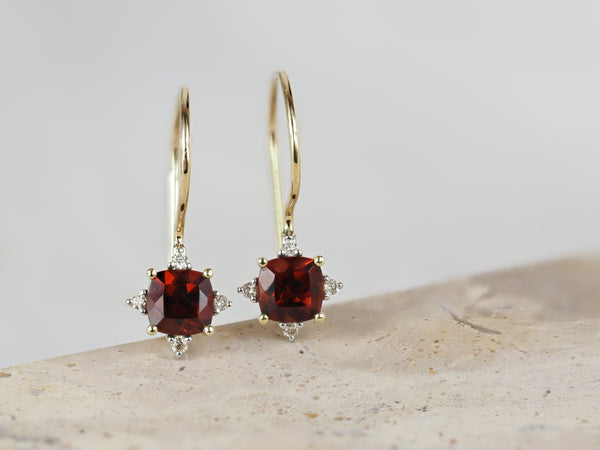 9ct Yellow Gold Garnet and Diamond Shepherd Hook Earrings