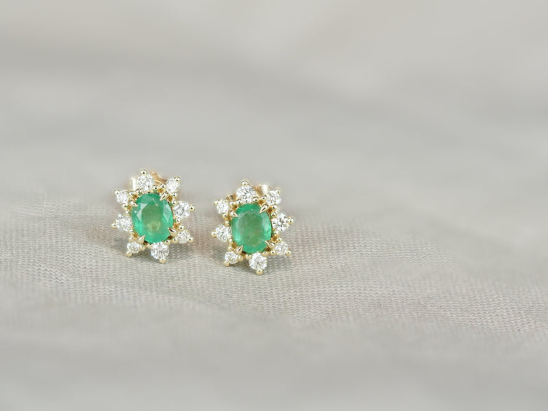 9ct Yellow Gold Emerald and Diamond Stud Earrings