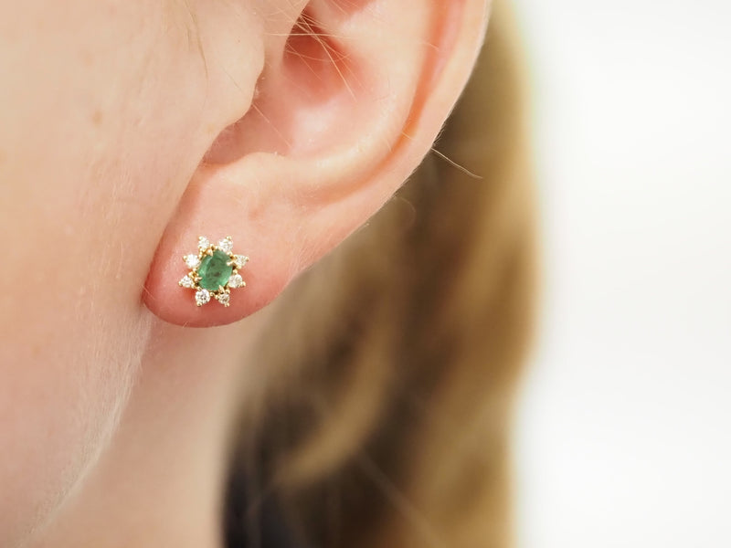 9ct Yellow Gold Emerald and Diamond Stud Earrings