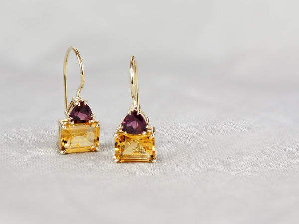 9ct Yellow Gold Citrine and Rhodolite Garnet Shepard Hook Earrings
