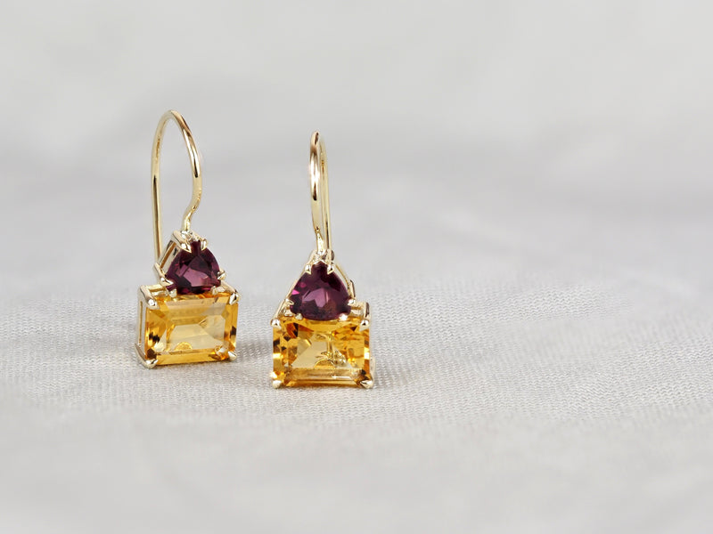 9ct Yellow Gold Citrine and Rhodolite Garnet Shepard Hook Earrings