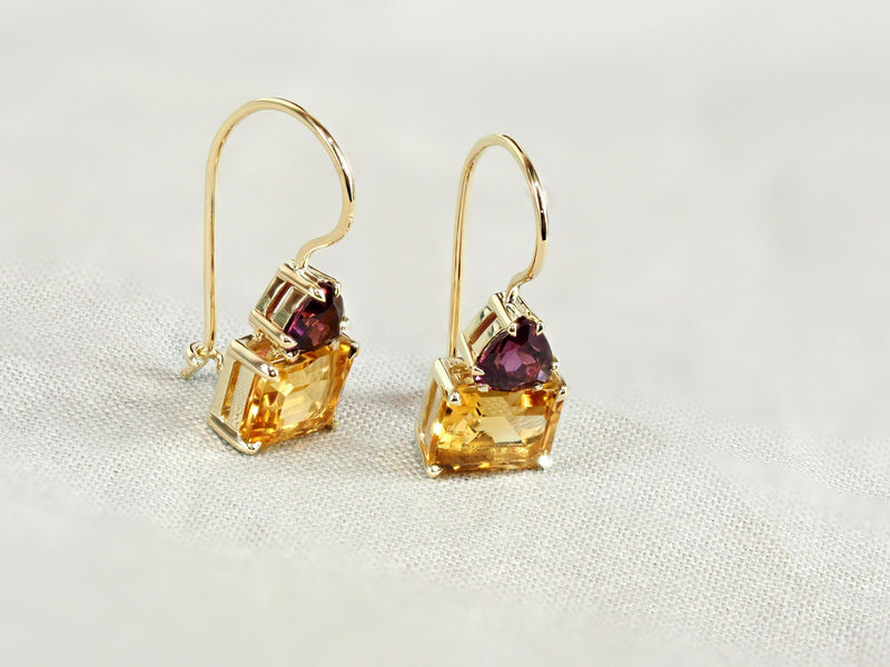 9ct Yellow Gold Citrine and Rhodolite Garnet Shepard Hook Earrings