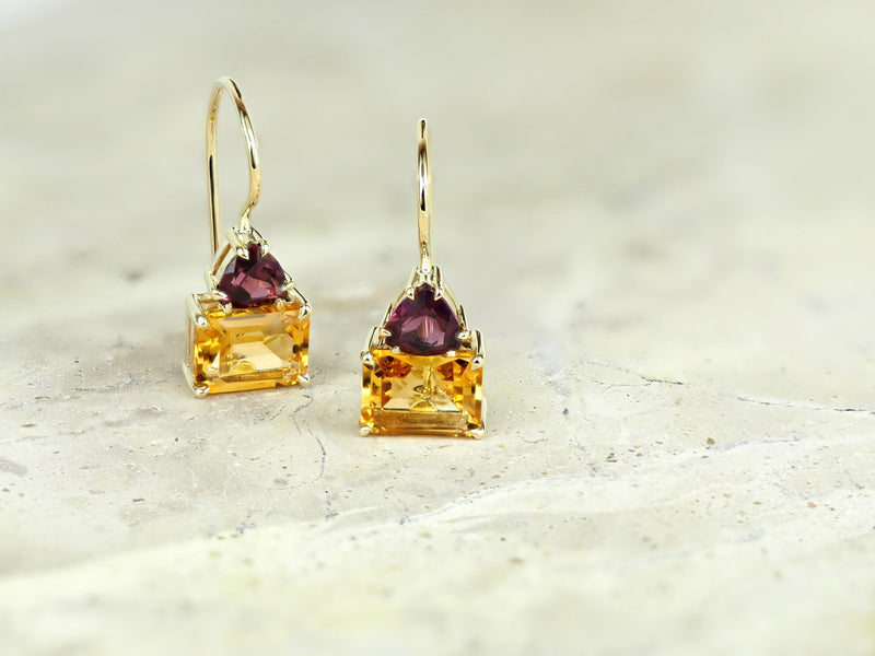 9ct Yellow Gold Citrine and Rhodolite Garnet Shepard Hook Earrings