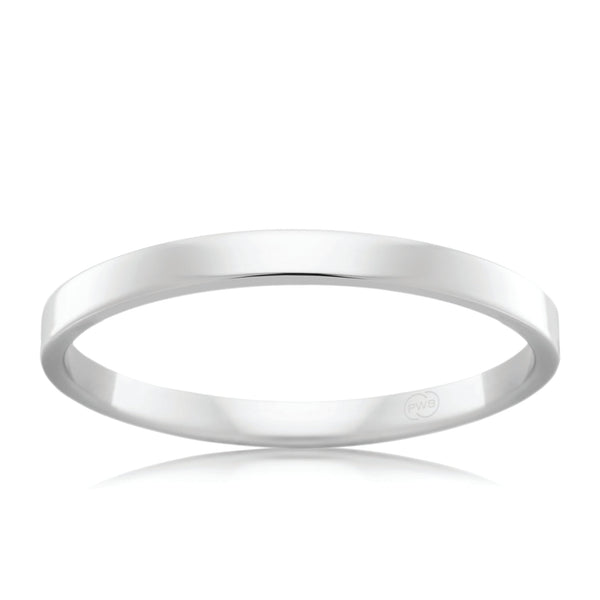 18ct White Gold 2mm Flat Round Wedding Band, polished finish, size L