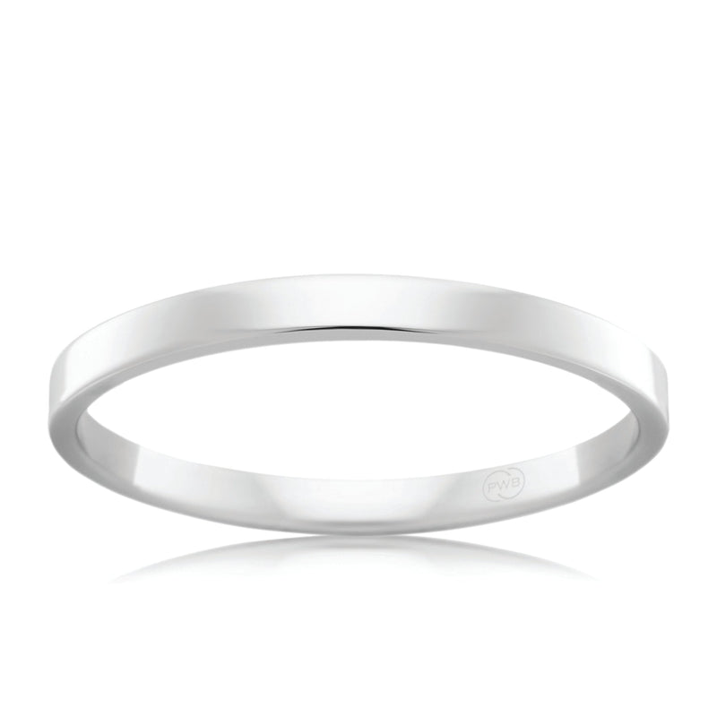 18ct White Gold 2mm Flat Round Wedding Band, polished finish, size L