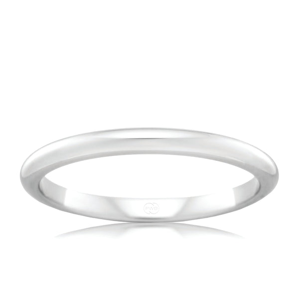 18ct White Gold 2mm High Dome Wedding Band, polished finish, size L