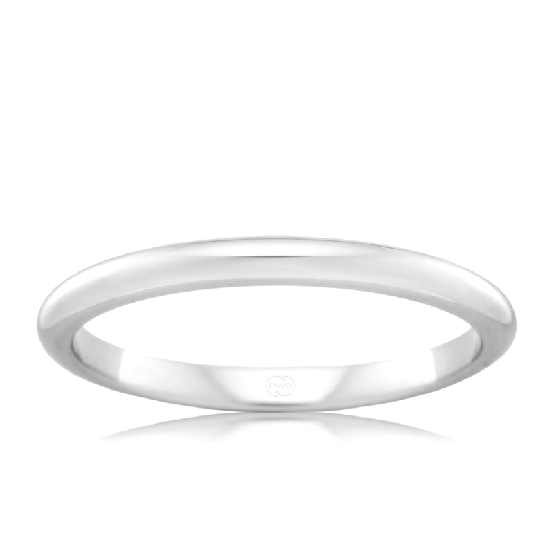 18ct White Gold 2mm High Dome Wedding Band, polished finish, size L