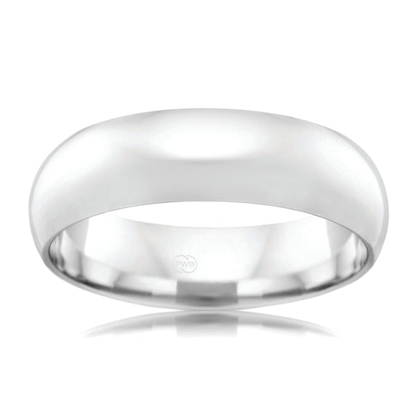 9ct White Gold 6m High Dome Wedding Band, polished finish, size V