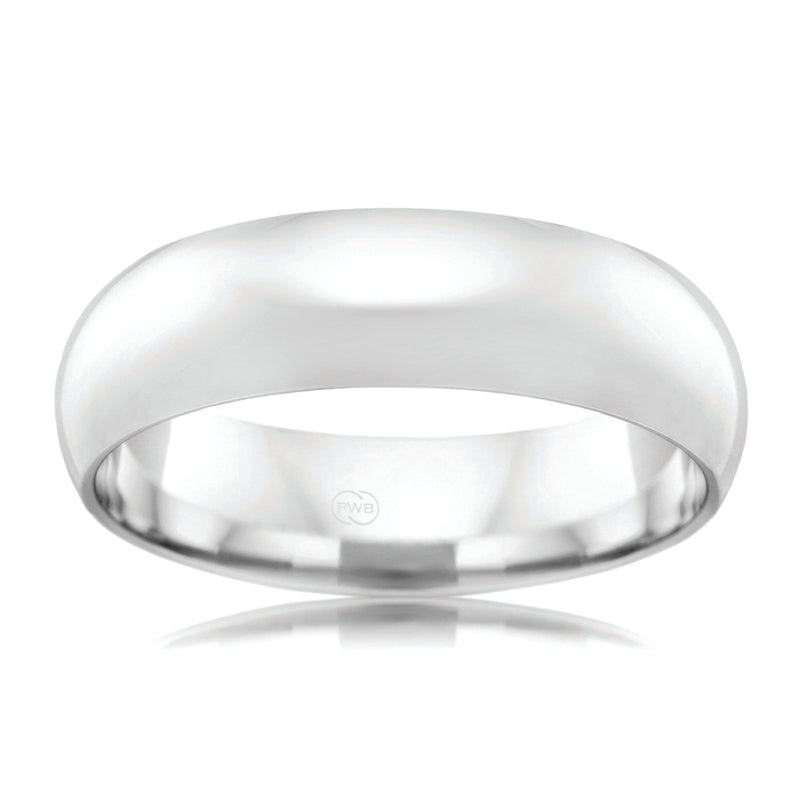 9ct White Gold 6m High Dome Wedding Band, polished finish, size V