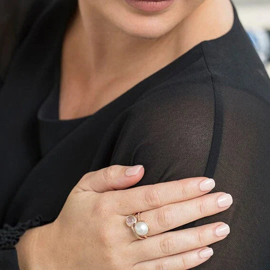 9ct Rose Gold Mabe Pearl, Rose Quartz and Diamond dress ring