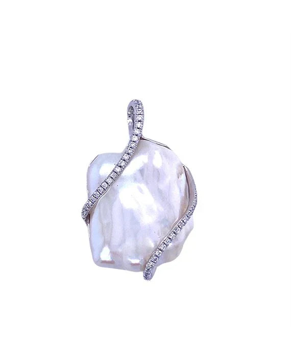 Sterling Silver 18mm Keshi Freswater Pearl and Cubic Zirconia pendant.