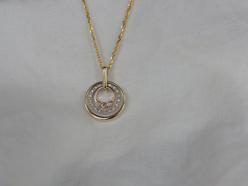 9ct Yellow, Rose and White Gold Diamond and Pink Diamond pendant, 0.08ct total