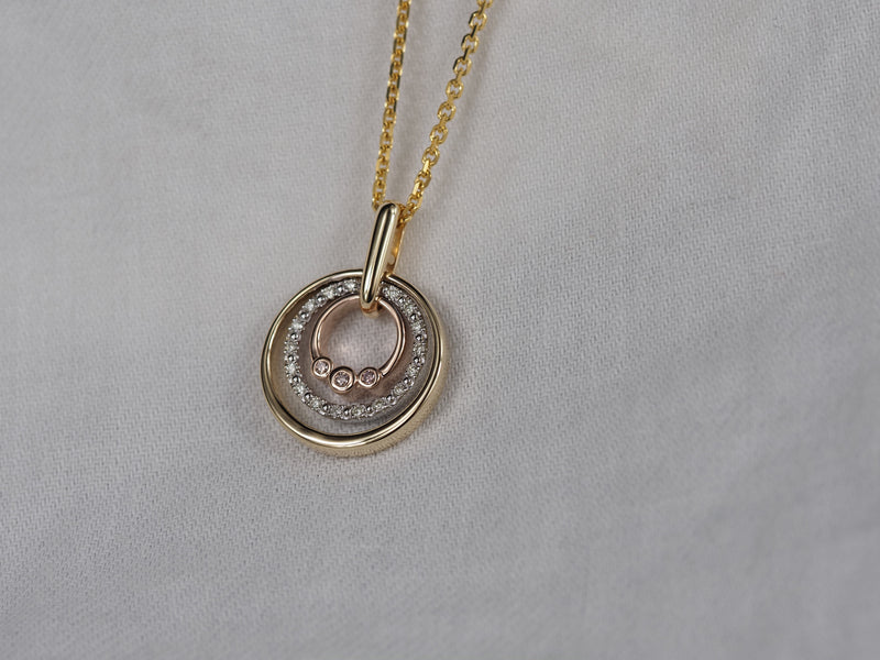 9ct Yellow, Rose and White Gold Diamond and Pink Diamond pendant, 0.08ct total