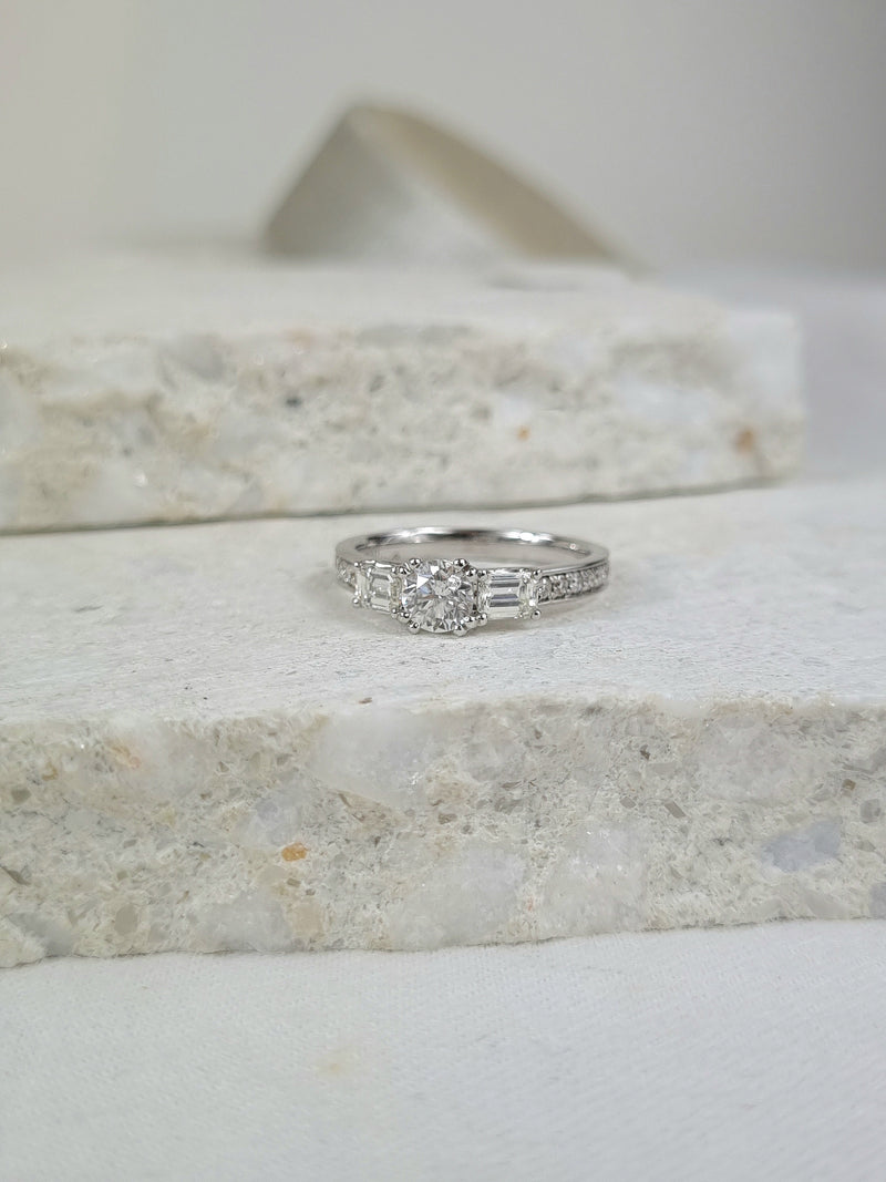 18ct White Gold Round and Emerald Cut Diamond Engagement Ring, 0.40ct Centre