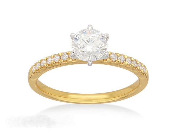 18ct Yellow and White Gold Round Brillant Cut Diamond Engagement Ring, 0.59ct Centre