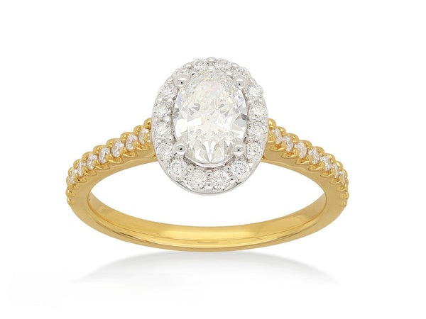 18ct Yellow and White Gold Oval Halo Engagement Ring, 0.56ct centre