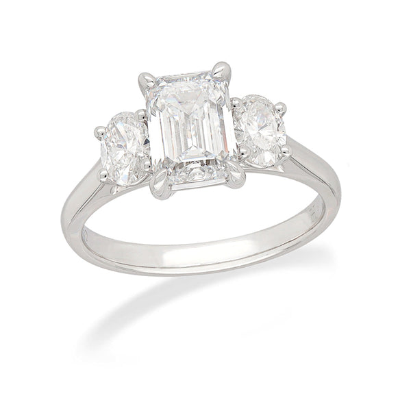 18ct White Gold Lab-Grown Emerald & Oval Trilogy Diamond Engagement Ring, 2.08ct total