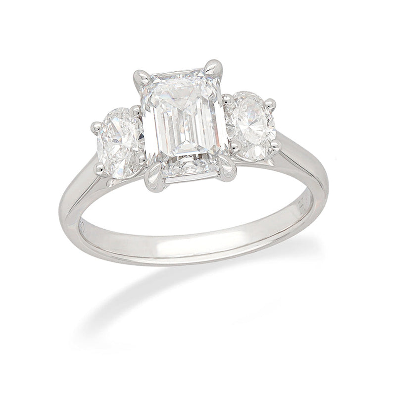 18ct White Gold Lab-Grown Emerald & Oval Trilogy Diamond Engagement Ring, 2.08ct total