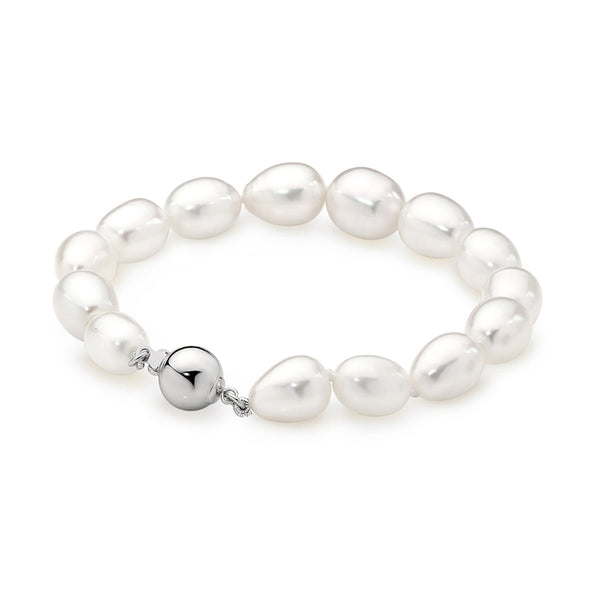 Sterling Silver 9mm Oval Shaped Freshwater Pearl Bracelet