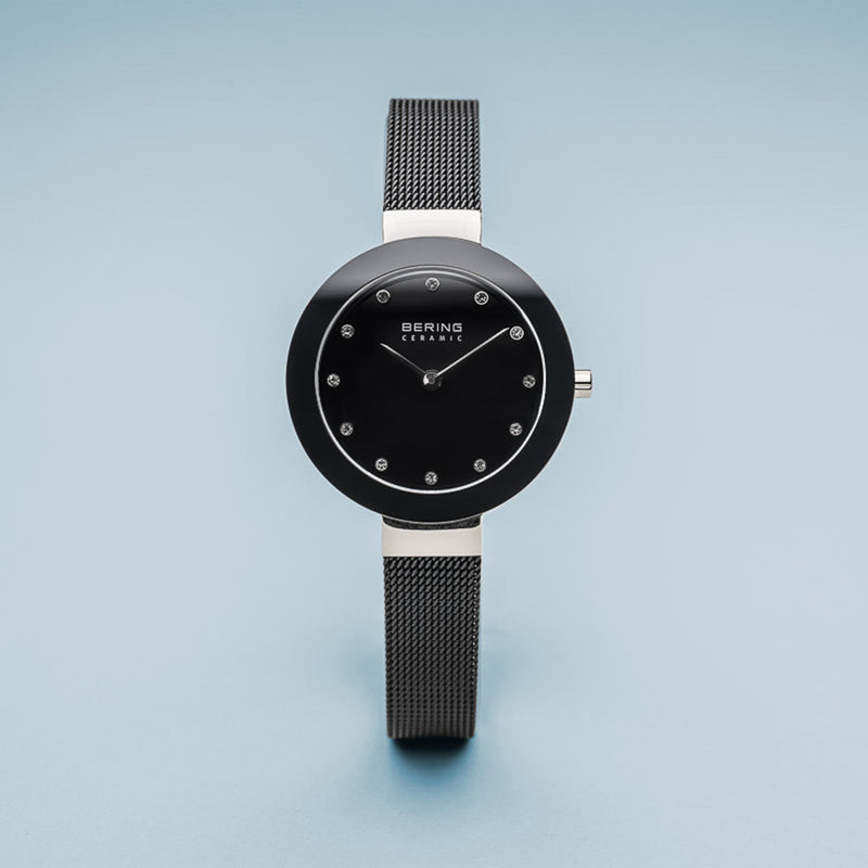 Bering Ceramic Polished Silver Slim Black Watch