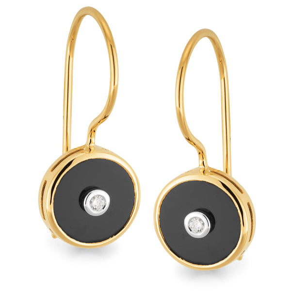 9ct Yellow Gold Onyx and Diamond Shepard Hook Earrings