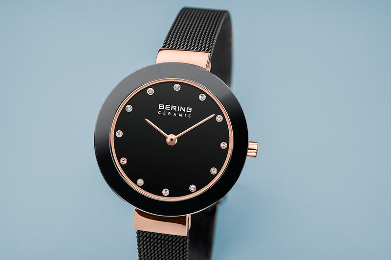 Bering Ceramic Polished Rose Gold Black Mesh Watch